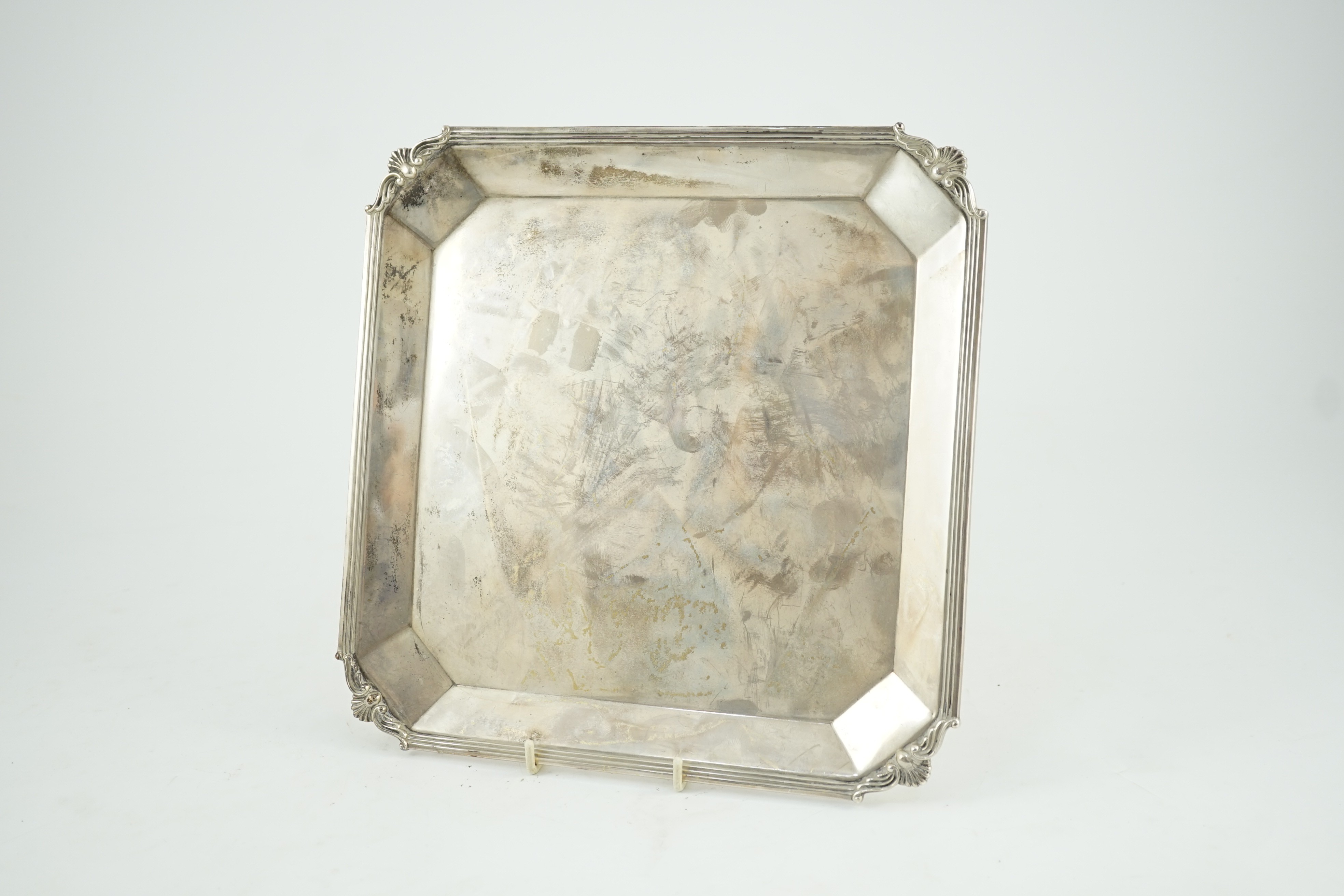 A George V square silver salver, by Atkin Brothers